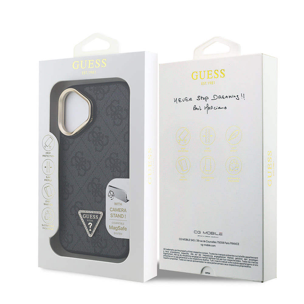 Guess iPhone 16 Orjinal Lisanslı PU Deri Taşlı Üçgen Logo 4G Desenli Kamera Standlı Kılıf
