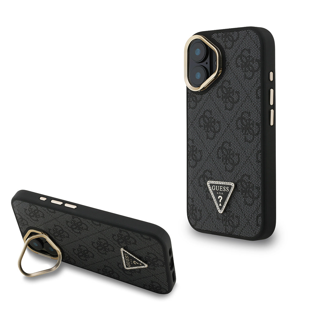 Guess iPhone 16 Orjinal Lisanslı PU Deri Taşlı Üçgen Logo 4G Desenli Kamera Standlı Kılıf