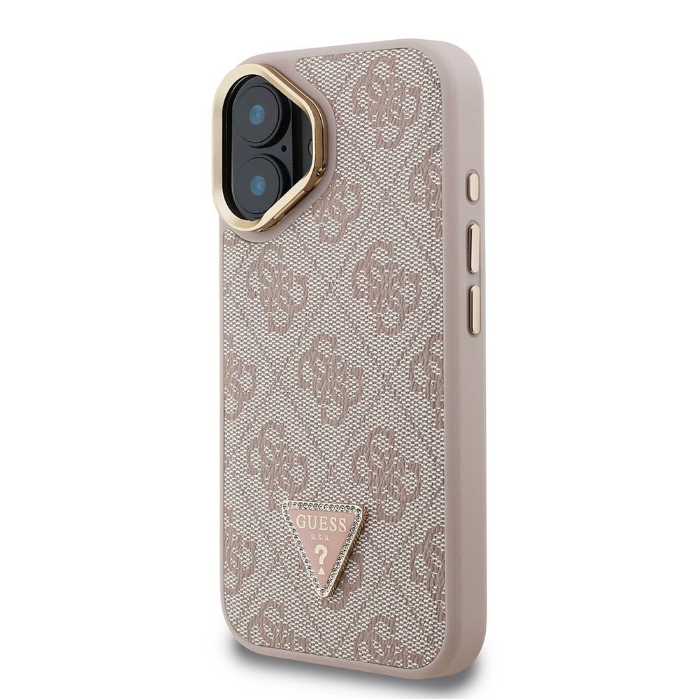 Guess iPhone 16 Orjinal Lisanslı PU Deri Taşlı Üçgen Logo 4G Desenli Kamera Standlı Kılıf