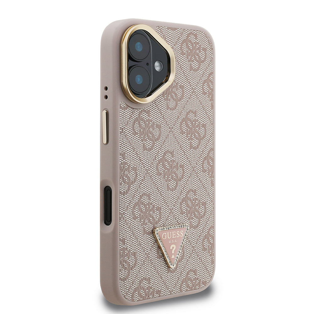 Guess iPhone 16 Orjinal Lisanslı PU Deri Taşlı Üçgen Logo 4G Desenli Kamera Standlı Kılıf