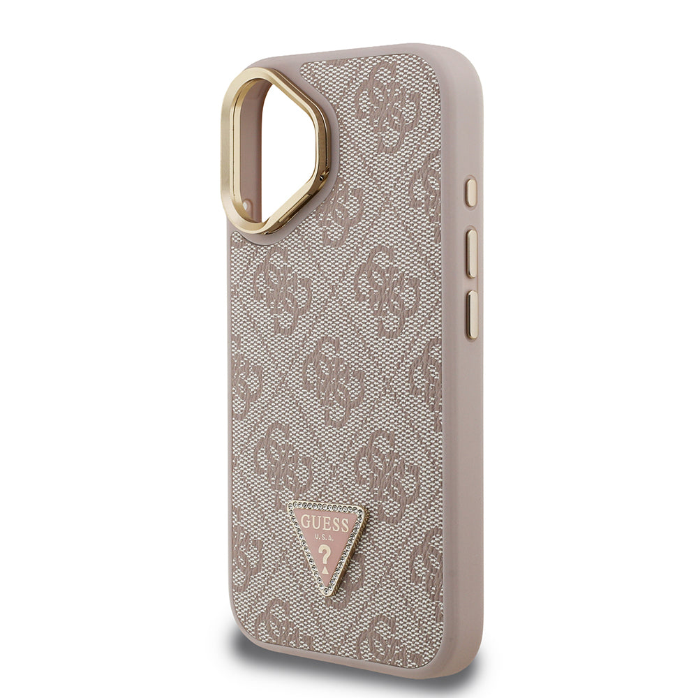 Guess iPhone 16 Orjinal Lisanslı PU Deri Taşlı Üçgen Logo 4G Desenli Kamera Standlı Kılıf