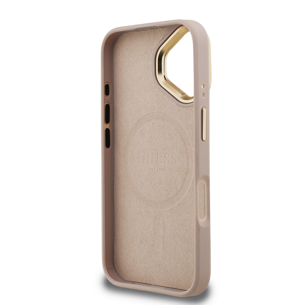 Guess iPhone 16 Orjinal Lisanslı PU Deri Taşlı Üçgen Logo 4G Desenli Kamera Standlı Kılıf