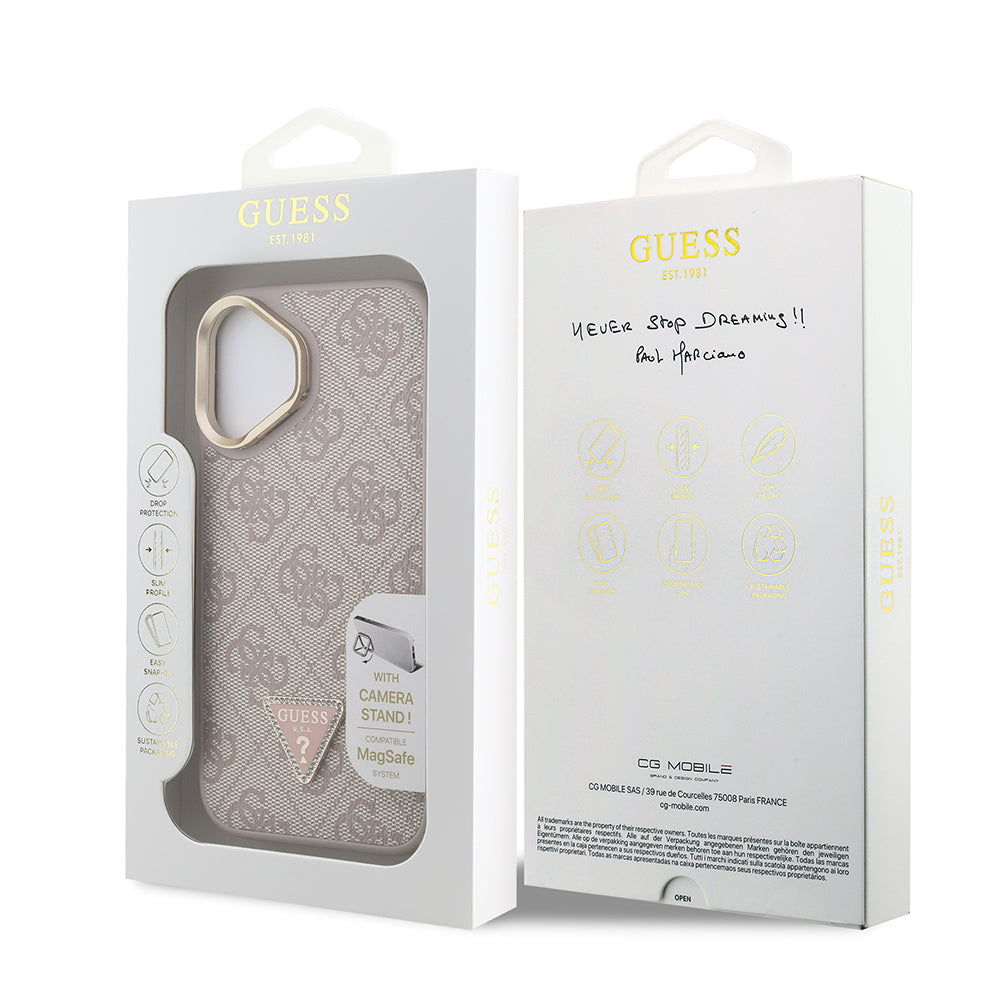 Guess iPhone 16 Orjinal Lisanslı PU Deri Taşlı Üçgen Logo 4G Desenli Kamera Standlı Kılıf