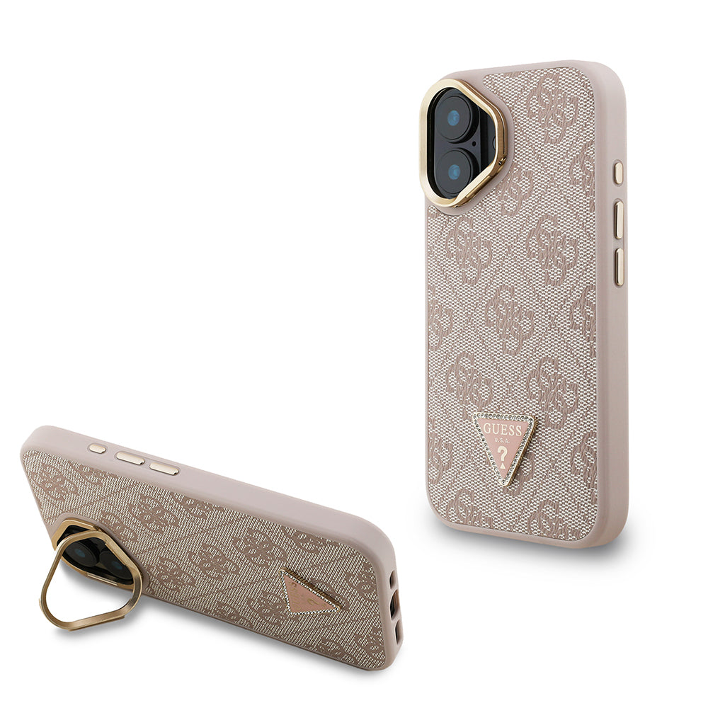 Guess iPhone 16 Orjinal Lisanslı PU Deri Taşlı Üçgen Logo 4G Desenli Kamera Standlı Kılıf