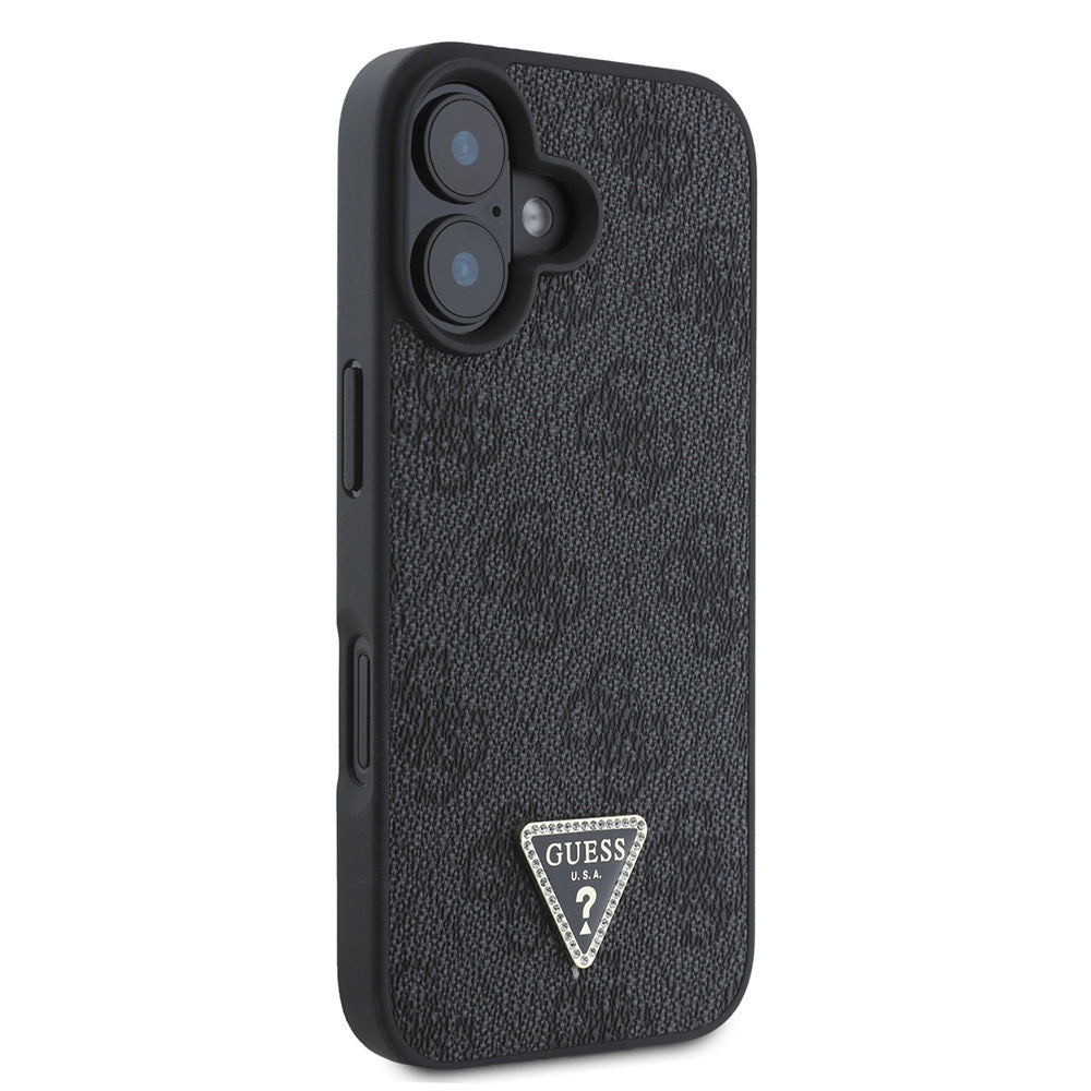 Guess iPhone 16 Orjinal Lisanslı PU Deri Taşlı Üçgen Logo 4G Desenli Strass Kılıf