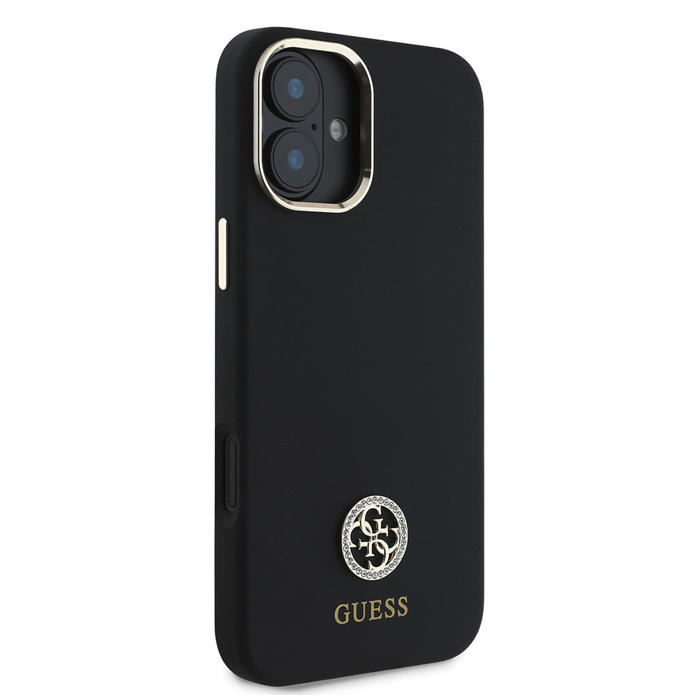 Guess iPhone 16 Orjinal Lisanslı Yazı ve Taşlı 4G Logolu Metal Kamera Çerçeveli Silikon Telefon Kılıfı-4