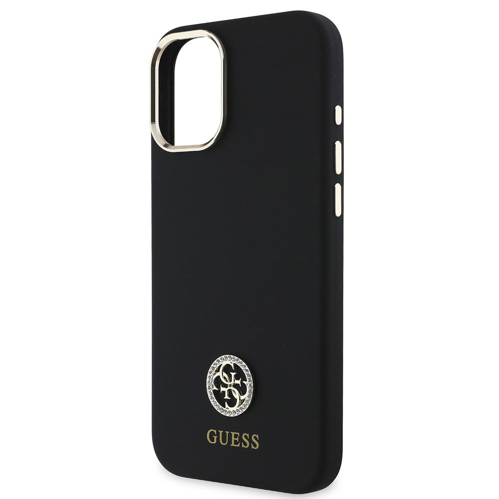 Guess iPhone 16 Orjinal Lisanslı Yazı ve Taşlı 4G Logolu Metal Kamera Çerçeveli Silikon Telefon Kılıfı-6