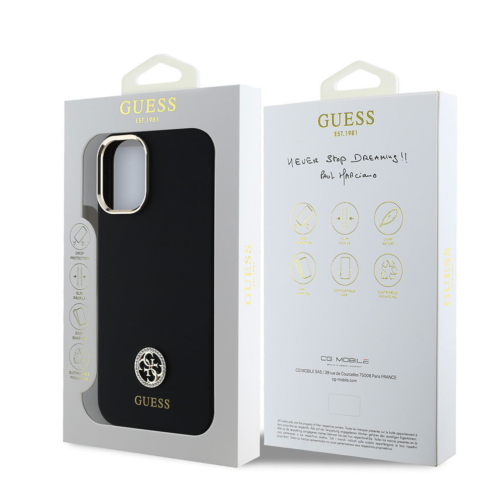 Guess iPhone 16 Orjinal Lisanslı Yazı ve Taşlı 4G Logolu Metal Kamera Çerçeveli Silikon Telefon Kılıfı-8