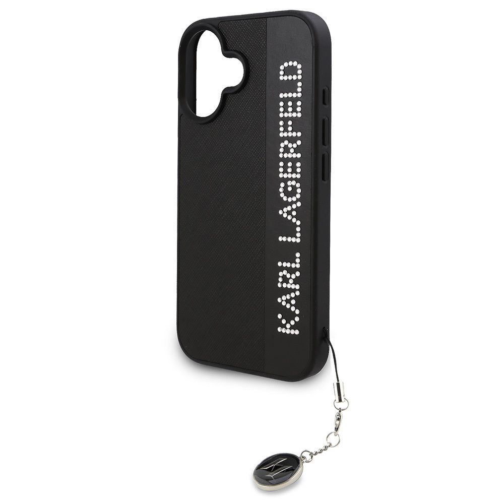 Karl Lagerfeld iPhone 16 Orjinal Lisanslı Anahtarlıklı Taşlı KL Yazılı Saffiano Rhinestones Telefon Kılıfı-6