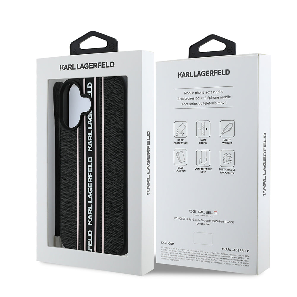 Karl Lagerfeld iPhone 16 Orjinal Lisanslı Askılı Saffiano Athleisure Şerit Çizgili Telefon Kılıfı-5