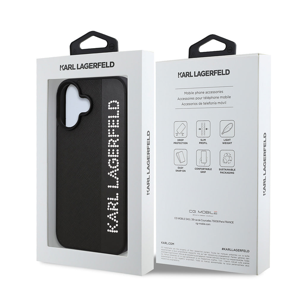 Karl Lagerfeld iPhone 16 Orjinal Lisanslı Anahtarlıklı Taşlı KL Yazılı Saffiano Rhinestones Telefon Kılıfı-8