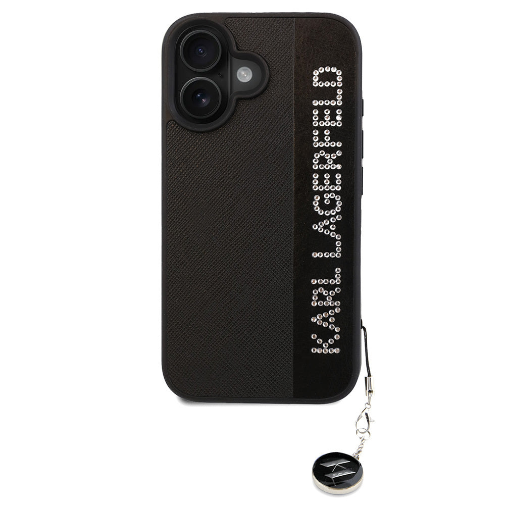 Karl Lagerfeld iPhone 16 Orjinal Lisanslı Anahtarlıklı Taşlı KL Yazılı Saffiano Rhinestones Telefon Kılıfı-2