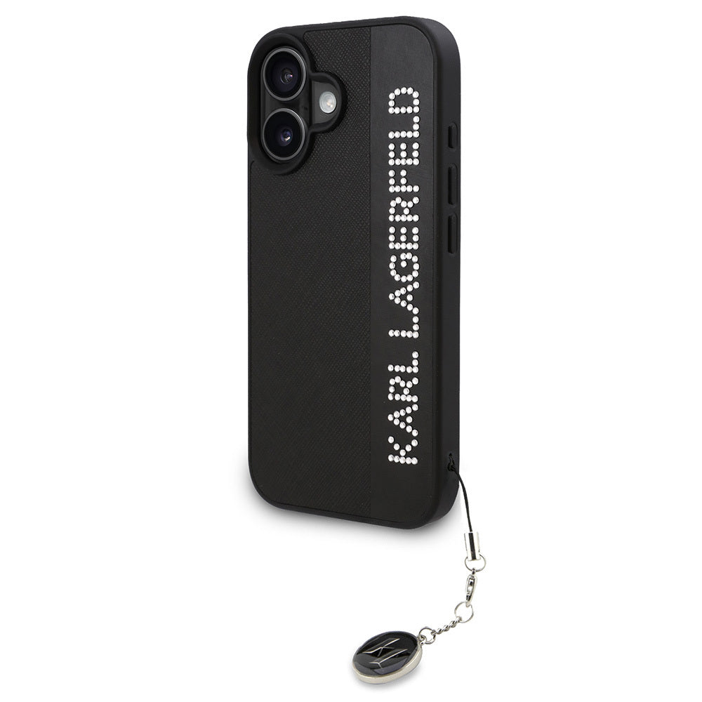 Karl Lagerfeld iPhone 16 Orjinal Lisanslı Anahtarlıklı Taşlı KL Yazılı Saffiano Rhinestones Telefon Kılıfı-3