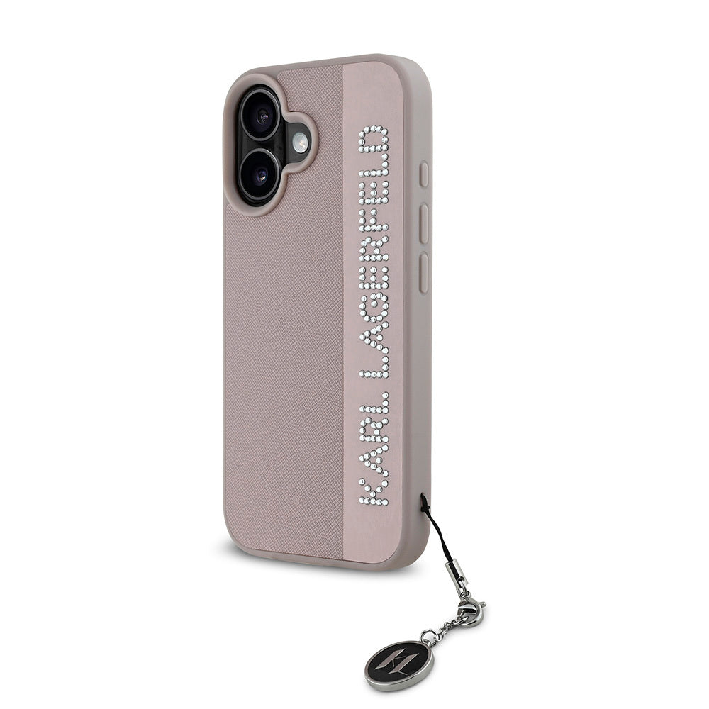 Karl Lagerfeld iPhone 16 Orjinal Lisanslı Anahtarlıklı Taşlı KL Yazılı Saffiano Rhinestones Telefon Kılıfı-9