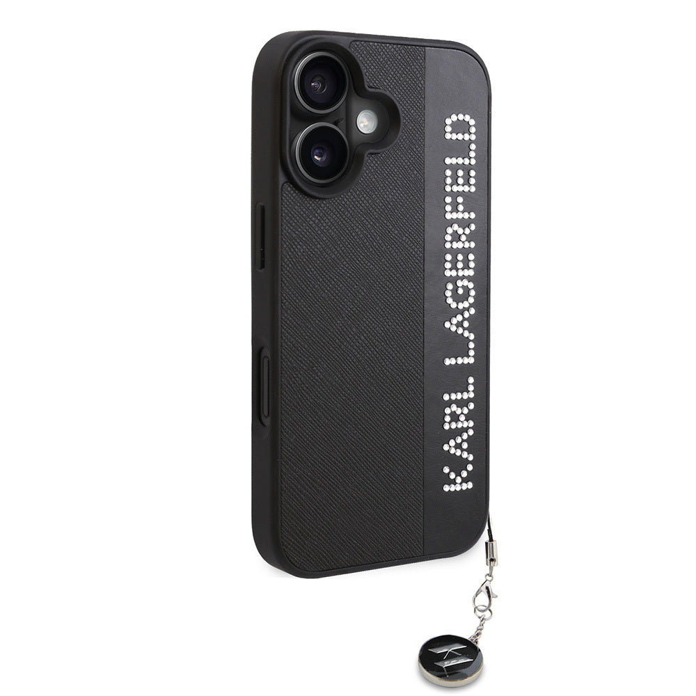 Karl Lagerfeld iPhone 16 Orjinal Lisanslı Anahtarlıklı Taşlı KL Yazılı Saffiano Rhinestones Telefon Kılıfı-4