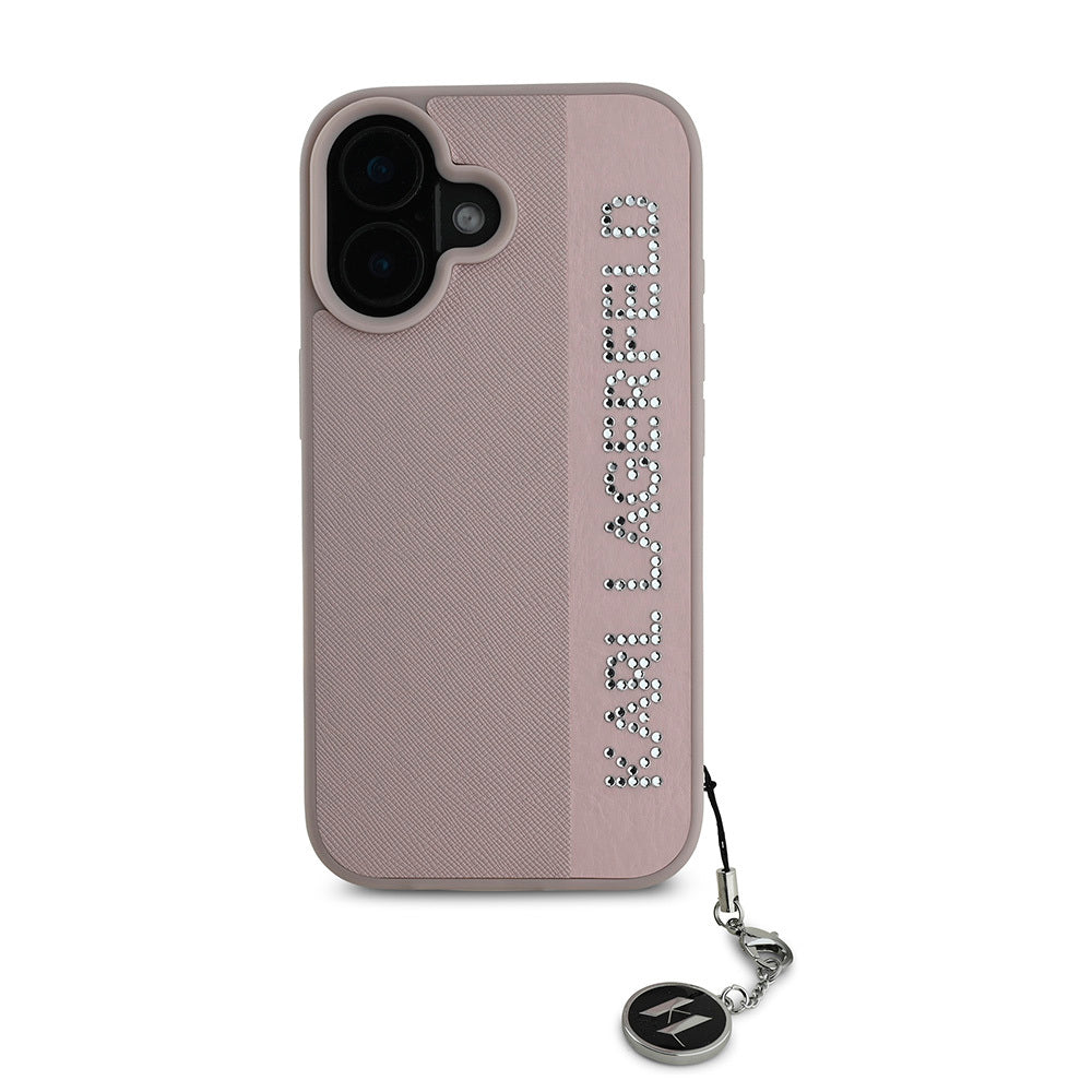 Karl Lagerfeld iPhone 16 Orjinal Lisanslı Anahtarlıklı Taşlı KL Yazılı Saffiano Rhinestones Telefon Kılıfı-10