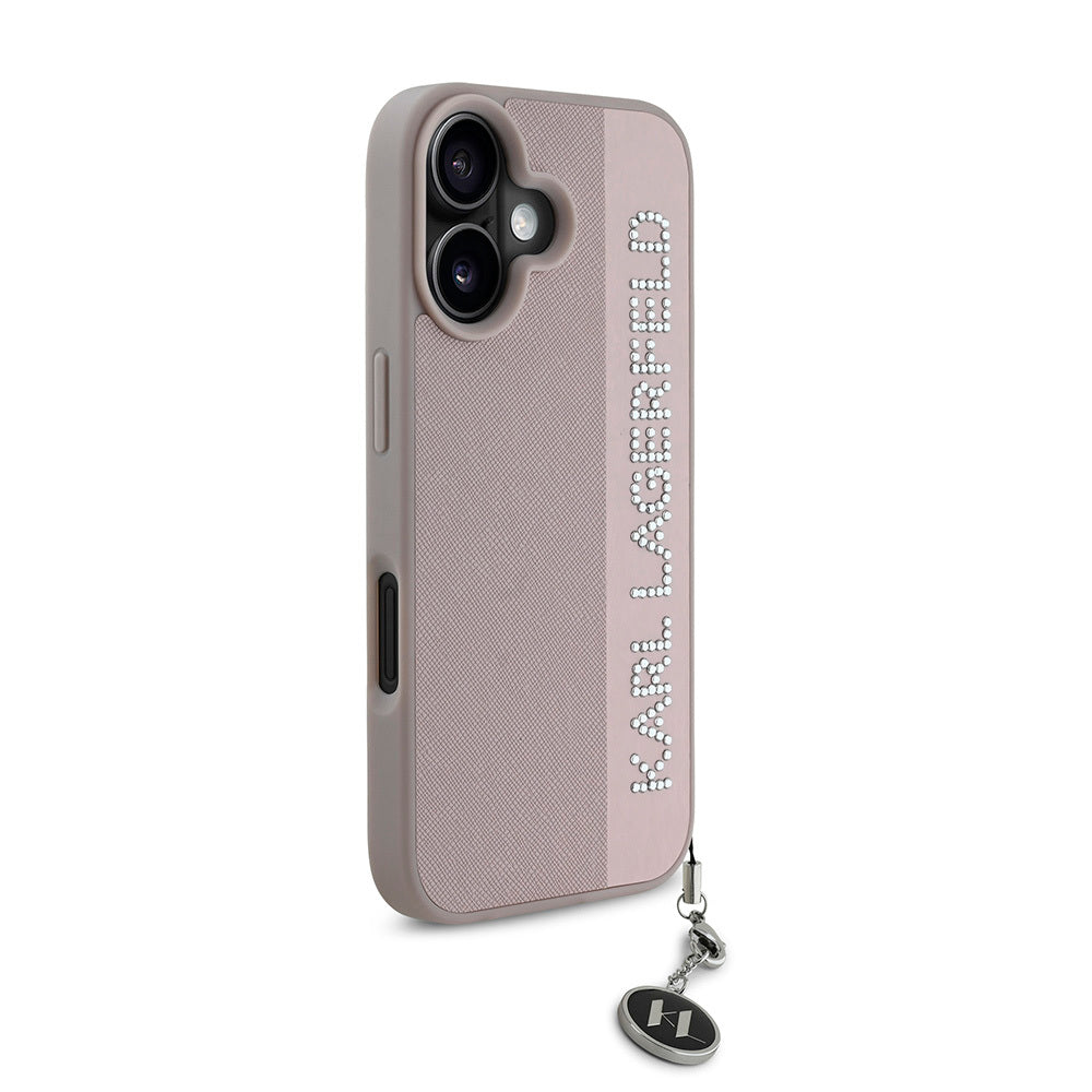 Karl Lagerfeld iPhone 16 Orjinal Lisanslı Anahtarlıklı Taşlı KL Yazılı Saffiano Rhinestones Telefon Kılıfı-11