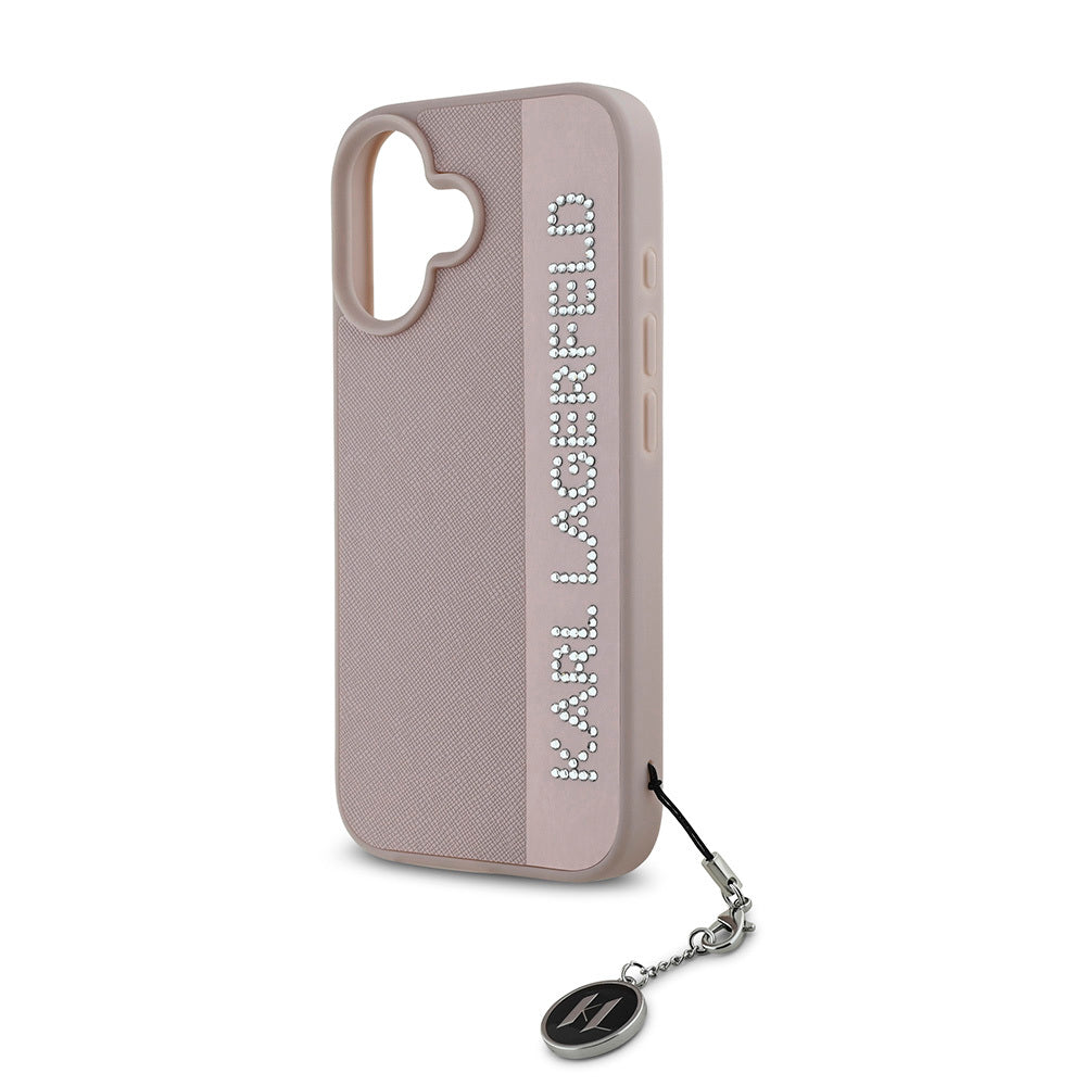 Karl Lagerfeld iPhone 16 Orjinal Lisanslı Anahtarlıklı Taşlı KL Yazılı Saffiano Rhinestones Telefon Kılıfı-13