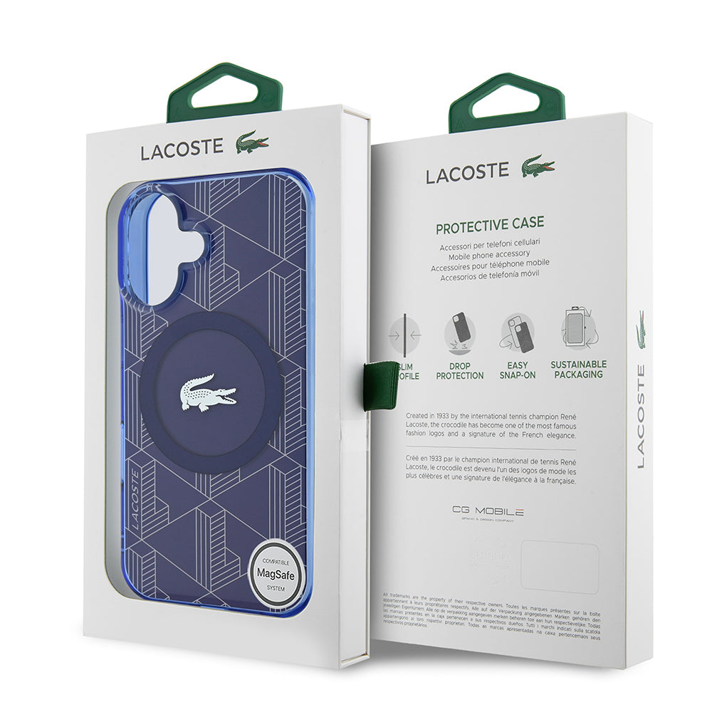 Lacoste iPhone 16 Orjinal Lisanslı M-safe Şarj Özellikli IML Baskılı Gümüş Timsah Logolu Monogram Kılıf