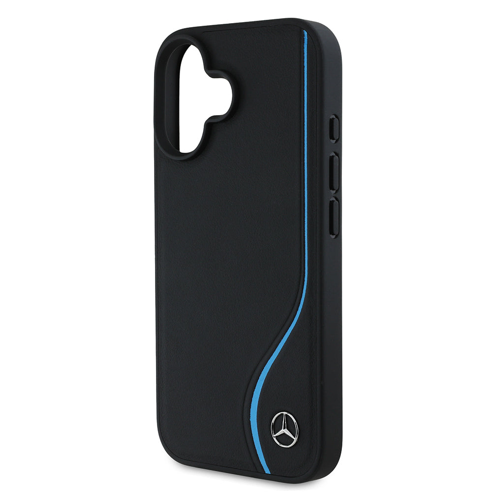 Mercedes Benz iPhone 16 Orjinal Lisanslı 3D Metal Logolu Mavi Dikey Eğri Çizgili Deri M-safe Kılıf