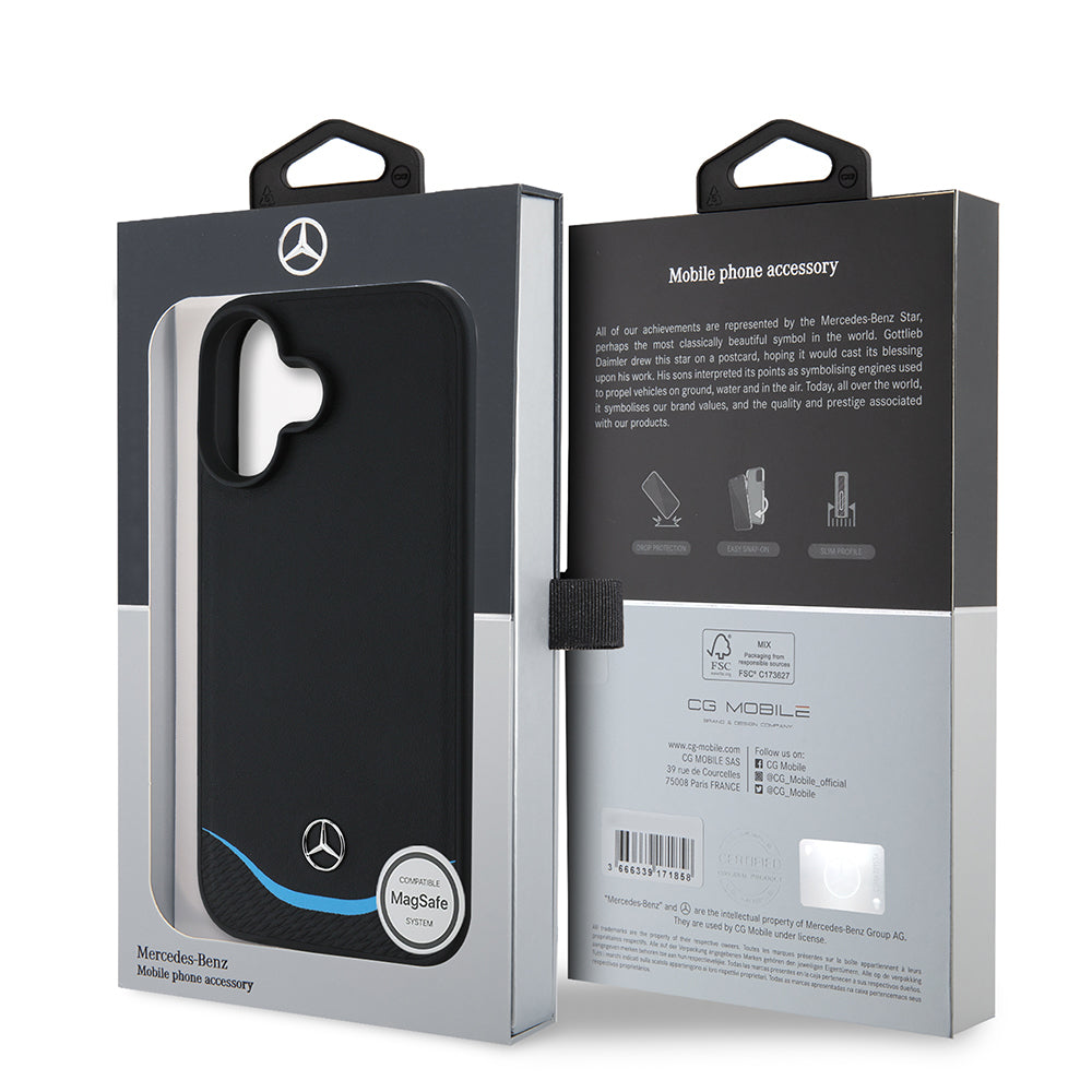Mercedes Benz iPhone 16 Orjinal Lisanslı 3D Metal Logolu Mavi Yatay Eğri Çizgili Deri M-safe Kılıf