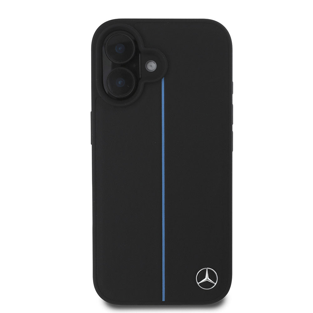 Mercedes Benz iPhone 16 Orjinal Lisanslı M-safe Metal Yıldız Logolu Mavi Çizgili Deri Kılıf