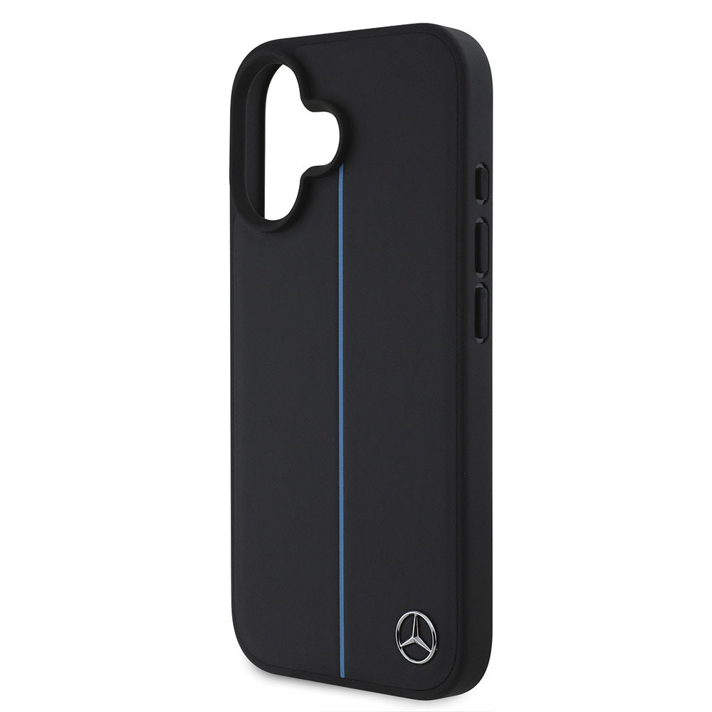 Mercedes Benz iPhone 16 Orjinal Lisanslı M-safe Metal Yıldız Logolu Mavi Çizgili Deri Kılıf