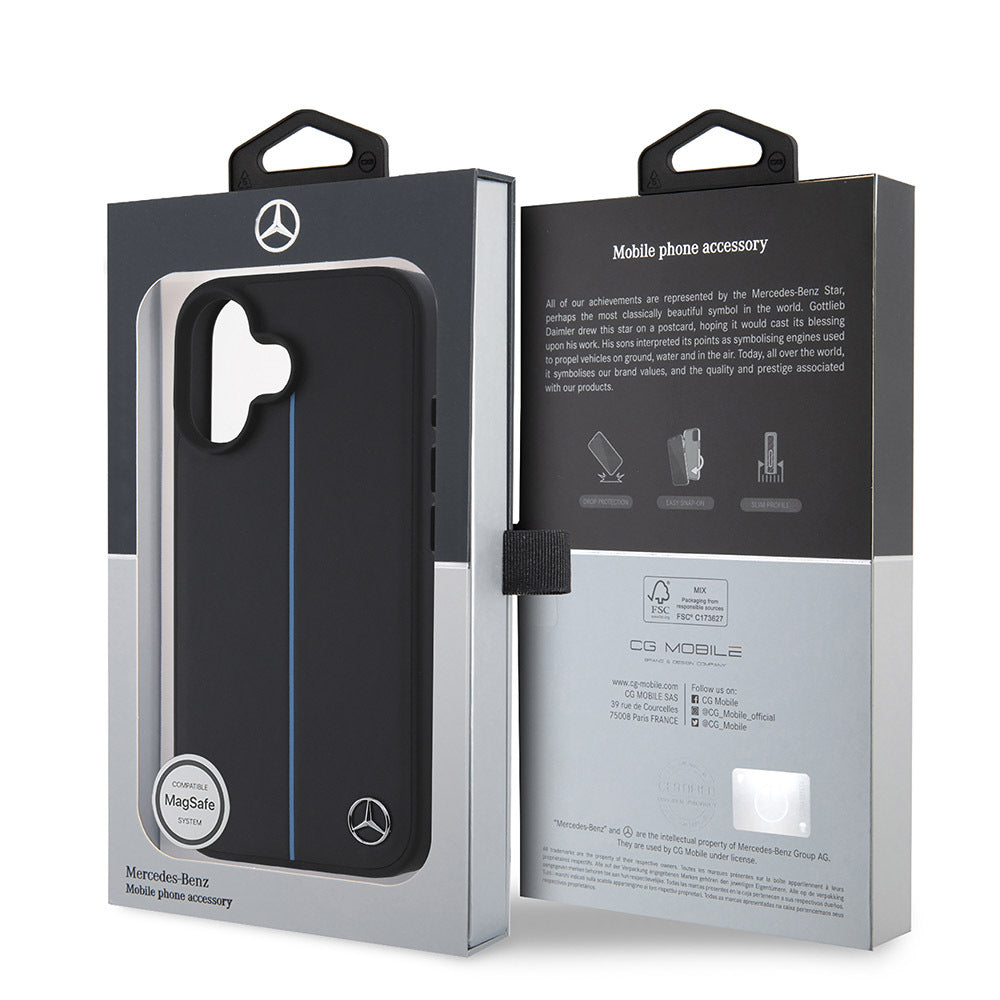 Mercedes Benz iPhone 16 Orjinal Lisanslı M-safe Metal Yıldız Logolu Mavi Çizgili Deri Kılıf