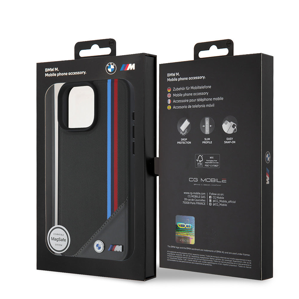 BMW iPhone 16 Plus Orjinal Lisanslı Magsafe Şarj Özellikli M Logolu Üç Çizgili Dikiş Detaylı Meshed Tricolor Stripes Telefon Kılıfı-8