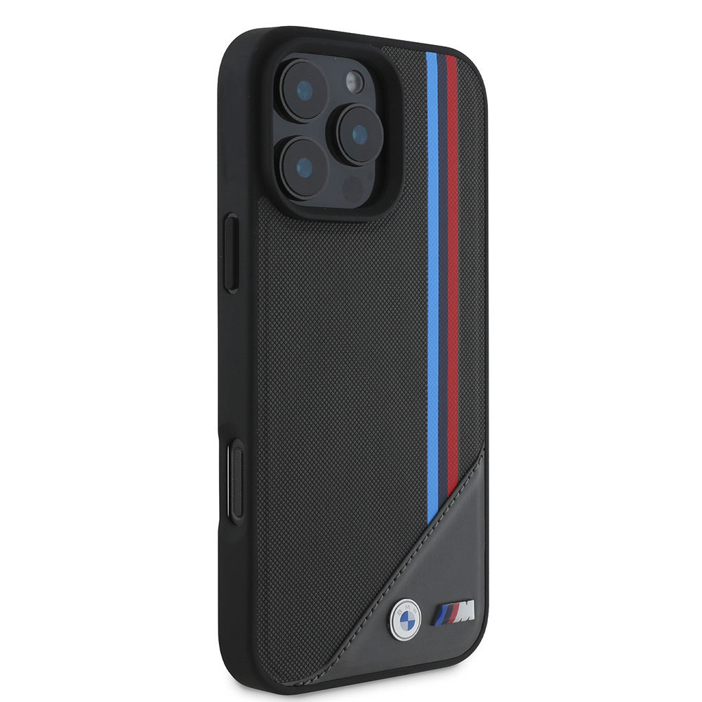 BMW iPhone 16 Plus Orjinal Lisanslı Magsafe Şarj Özellikli M Logolu Üç Çizgili Dikiş Detaylı Meshed Tricolor Stripes Telefon Kılıfı-4