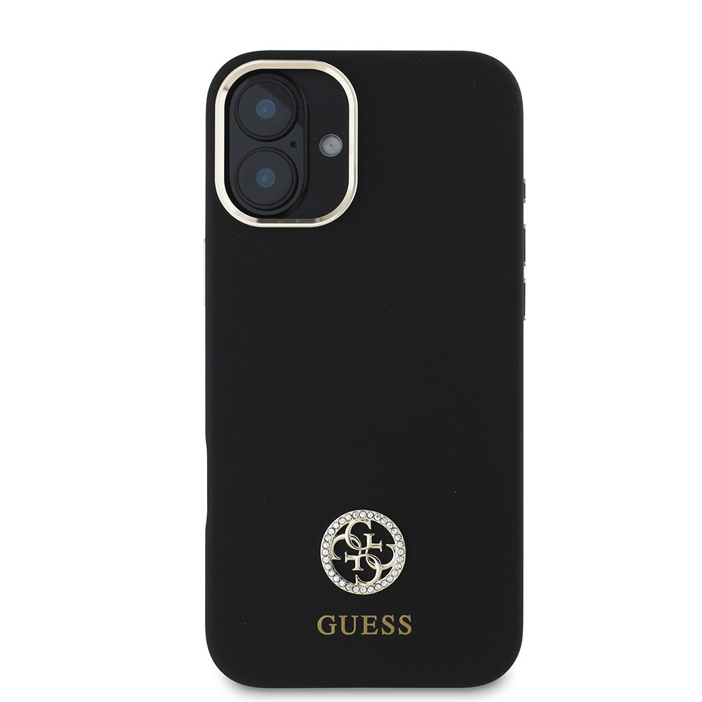 Guess iPhone 16 Plus Orjinal Lisanslı Yazı ve Taşlı 4G Logolu Metal Kamera Çerçeveli Silikon Telefon Kılıfı-3