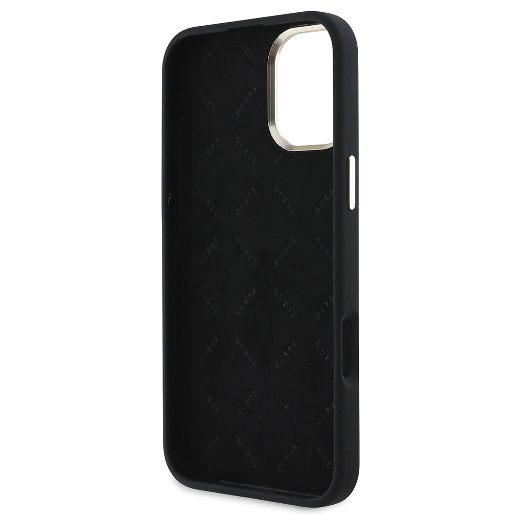 Guess iPhone 16 Plus Orjinal Lisanslı Yazı ve Taşlı 4G Logolu Metal Kamera Çerçeveli Silikon Telefon Kılıfı-7