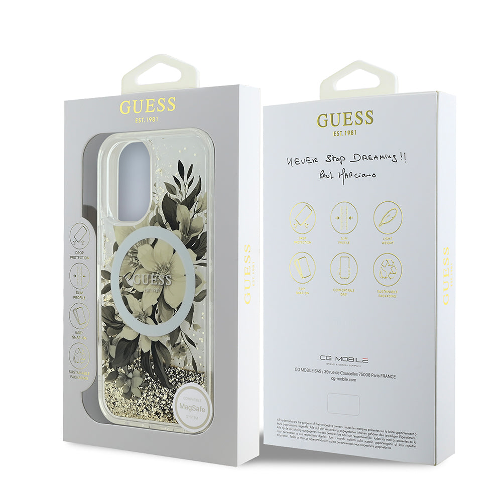 Guess iPhone 16 Plus Orjinal Lisanslı Magsafe Şarj Özellikli Sıvılı Simli Çiçek Desenli Telefon Kılıfı-9