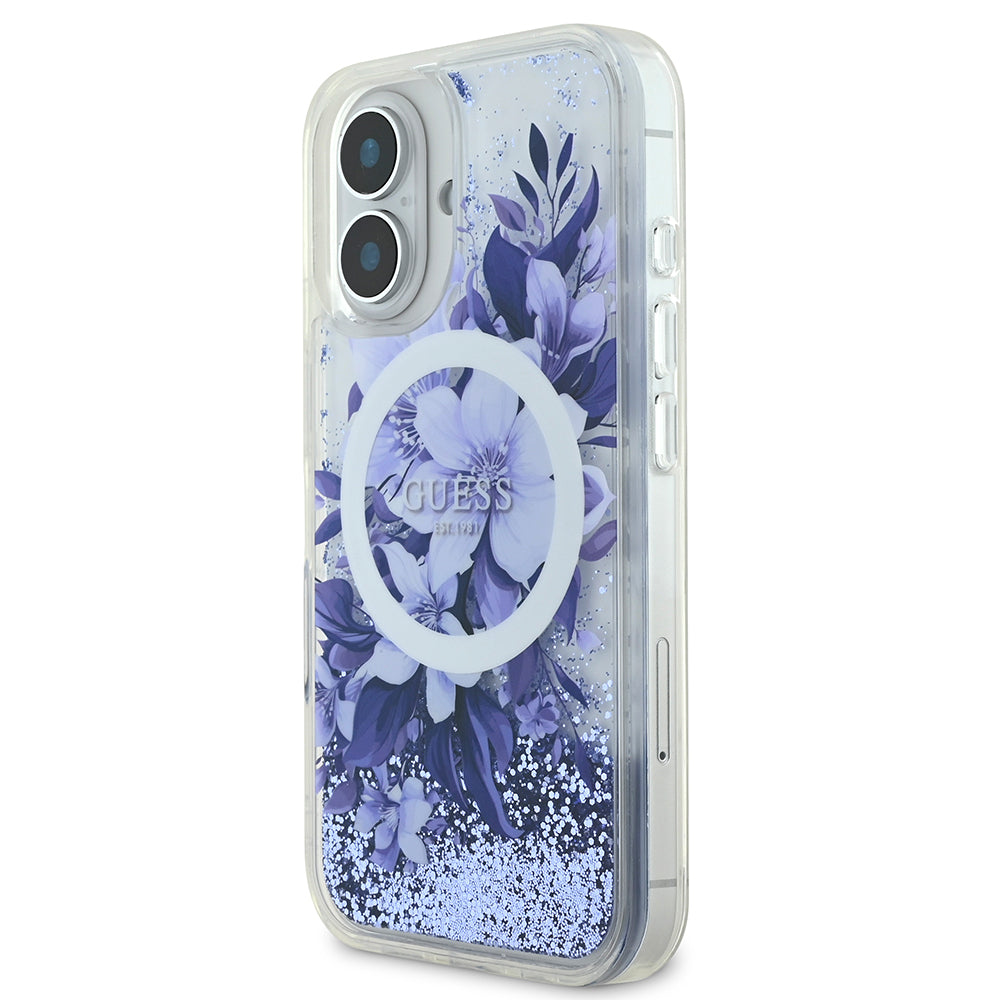 Guess iPhone 16 Plus Orjinal Lisanslı Magsafe Şarj Özellikli Sıvılı Simli Çiçek Desenli Telefon Kılıfı-10