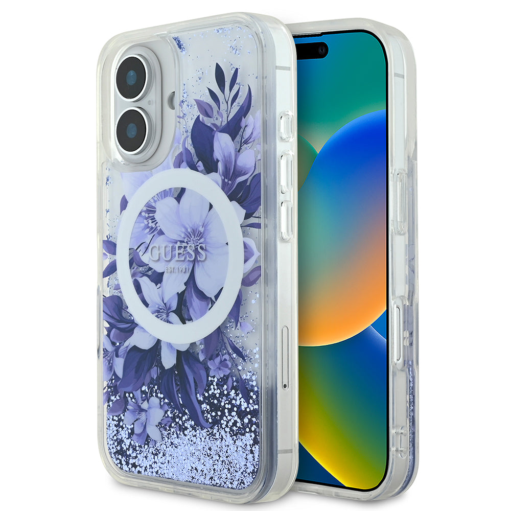 Guess iPhone 16 Plus Orjinal Lisanslı Magsafe Şarj Özellikli Sıvılı Simli Çiçek Desenli Telefon Kılıfı-2