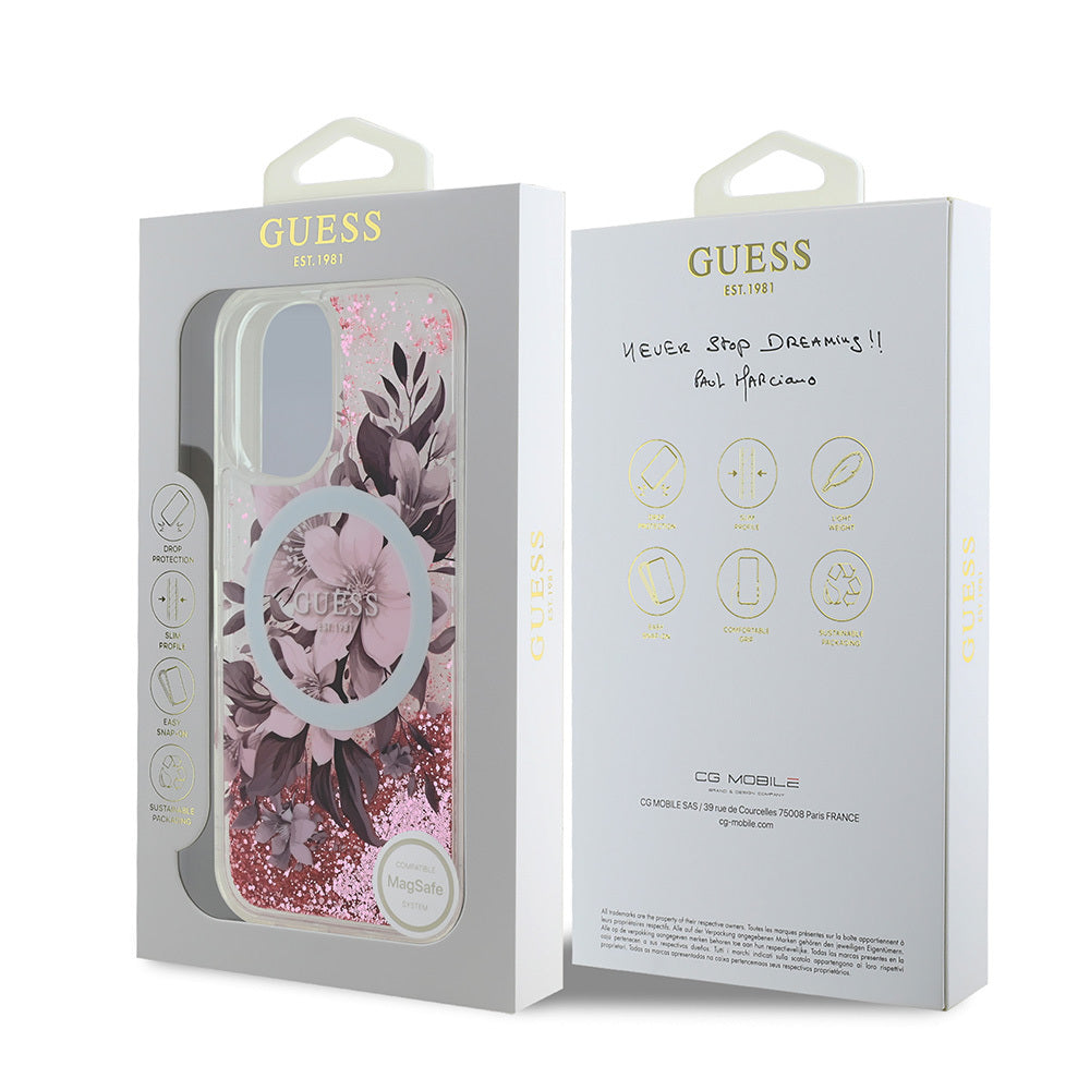 Guess iPhone 16 Plus Orjinal Lisanslı Magsafe Şarj Özellikli Sıvılı Simli Çiçek Desenli Telefon Kılıfı-23
