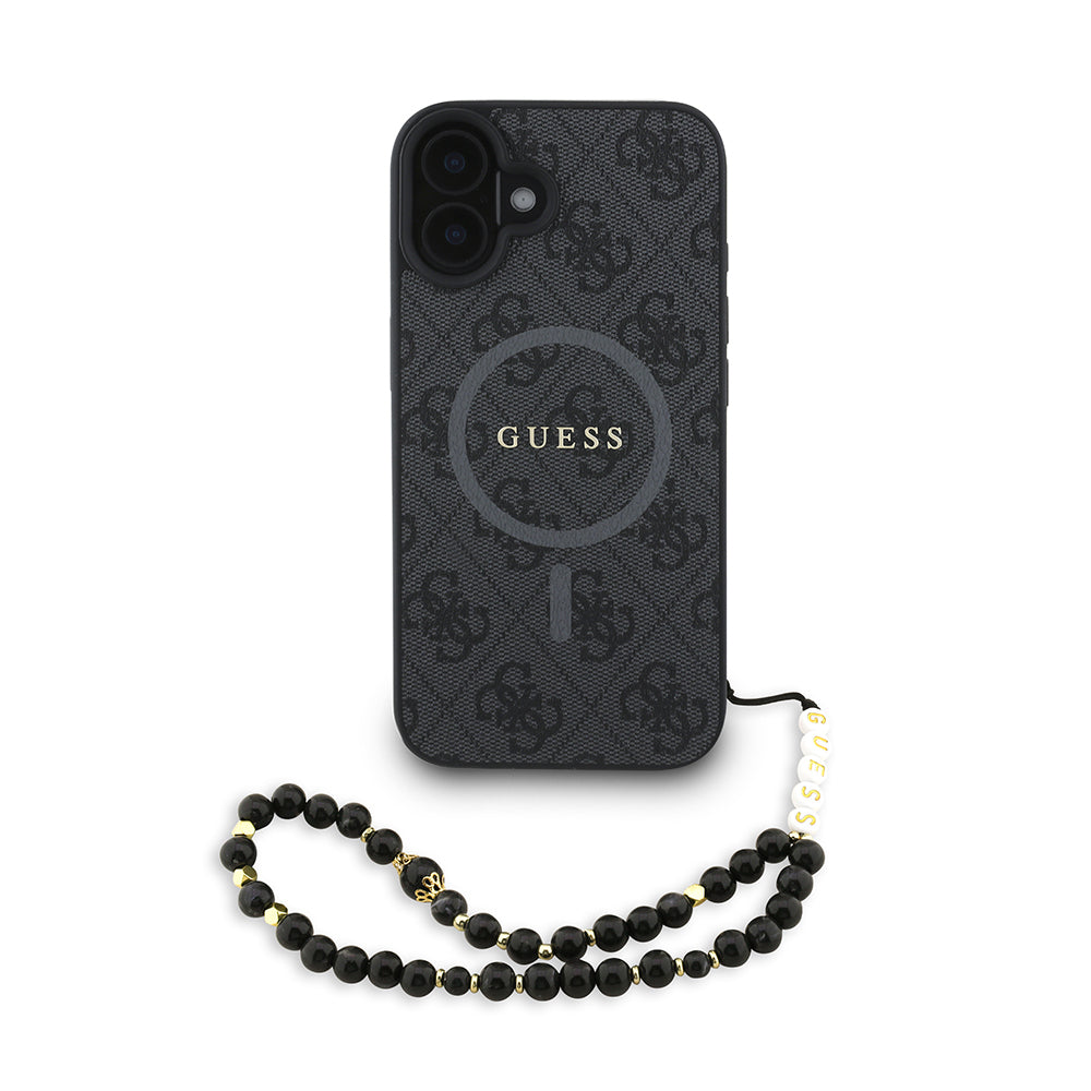 Guess iPhone 16 Plus Orjinal Lisanslı Magsafe PU Deri Bilek Askı İpli Yazı Logolu Telefon Kılıfı