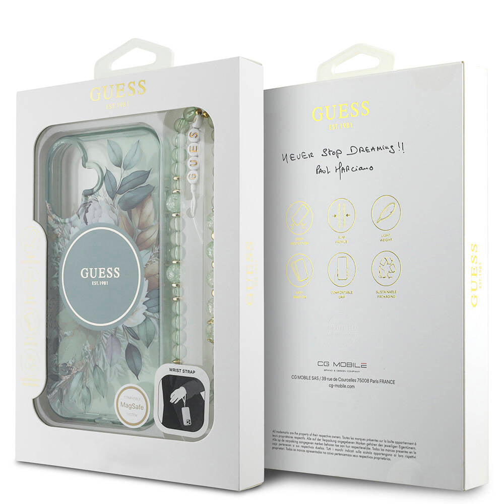 Guess iPhone 16 Plus Orjinal Lisanslı Magsafe Şarj Özellikli IML Baskılı Çiçek İnci Bileklikli Telefon Kılıfı - 8