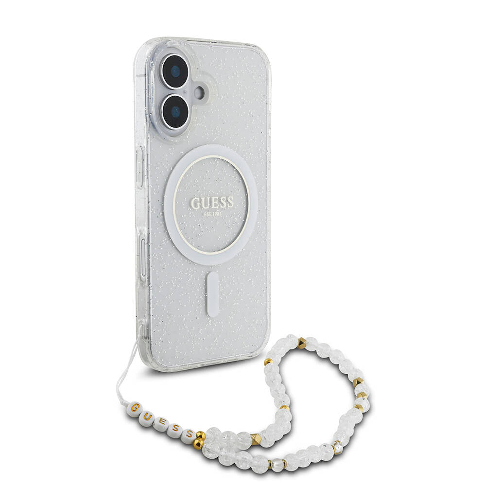 Guess iPhone 16 Plus Orjinal Lisanslı Magsafe Şarj Özellikli Simli Silikon İnci Bileklikli Telefon Kılıfı - 17