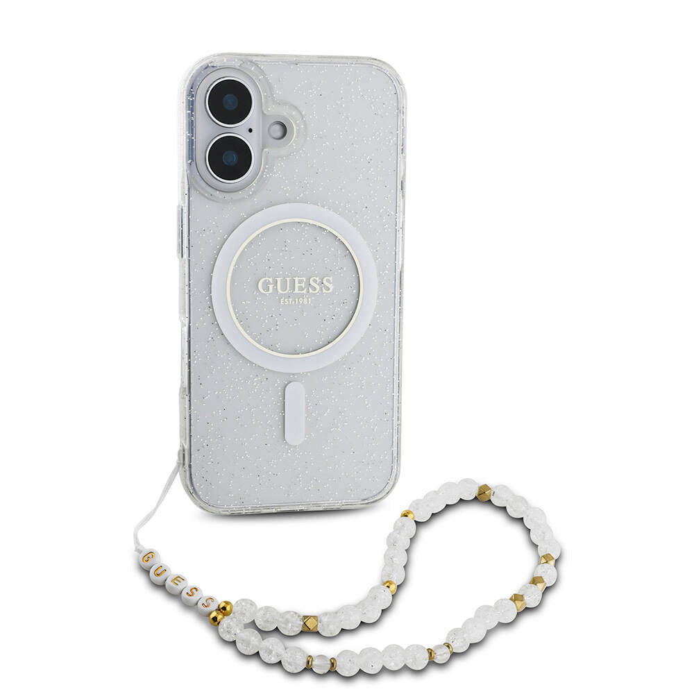 Guess iPhone 16 Plus Orjinal Lisanslı Magsafe Şarj Özellikli Simli Silikon İnci Bileklikli Telefon Kılıfı - 16