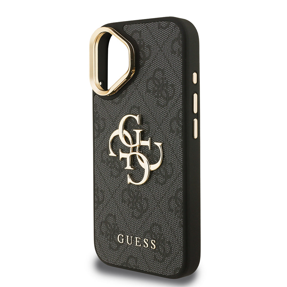 Guess iPhone 16 Plus Orjinal Lisanslı PU Deri 4G Desenli Metal Büyük 4G ve Yazı Logolu Kamera Standlı Kılıf