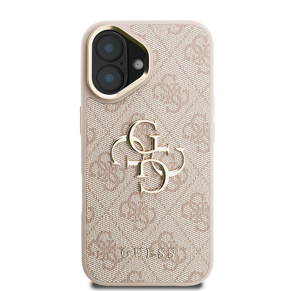 Guess iPhone 16 Plus Orjinal Lisanslı PU Deri 4G Desenli Metal Büyük 4G ve Yazı Logolu Kamera Standlı Kılıf
