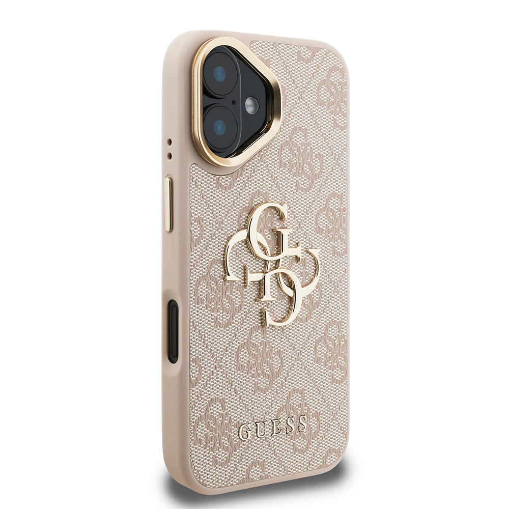 Guess iPhone 16 Plus Orjinal Lisanslı PU Deri 4G Desenli Metal Büyük 4G ve Yazı Logolu Kamera Standlı Kılıf