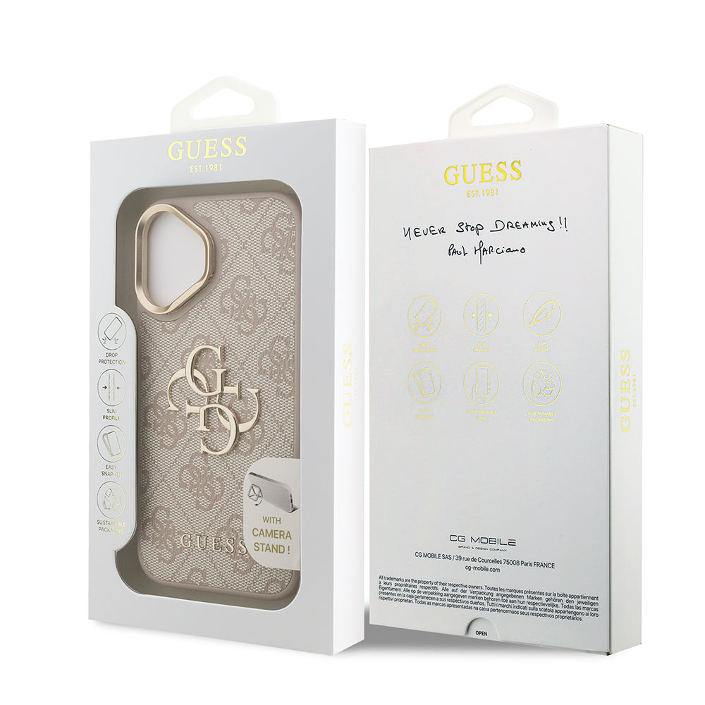 Guess iPhone 16 Plus Orjinal Lisanslı PU Deri 4G Desenli Metal Büyük 4G ve Yazı Logolu Kamera Standlı Kılıf