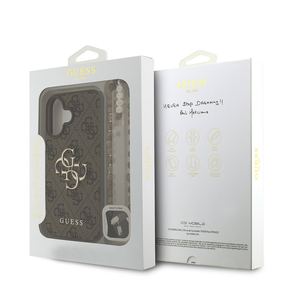 Guess iPhone 16 Plus Orjinal Lisanslı PU Deri Bilek Askı İpli Metal Büyük 4G ve Yazı Logolu Kılıf