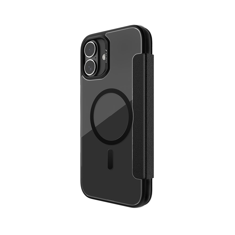 Raptic Urban Folio Serisi iPhone 16 Plus M-safe Şarj Özellikli Vegan Deri Tasarımlı Şeffaf Arka Yüzey Kartlıklı Kılıf