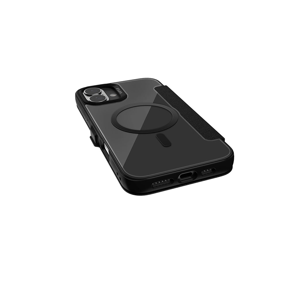 Raptic Urban Folio Serisi iPhone 16 Plus M-safe Şarj Özellikli Vegan Deri Tasarımlı Şeffaf Arka Yüzey Kartlıklı Kılıf