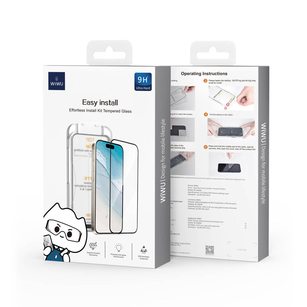 Wiwu SQ-008 iPhone 16 Plus Oleofobik Easy Install Darbeye Karşı Dayanıklı Temperli Cam Ekran Koruyucu + Kolay Uygulama Aparatlı