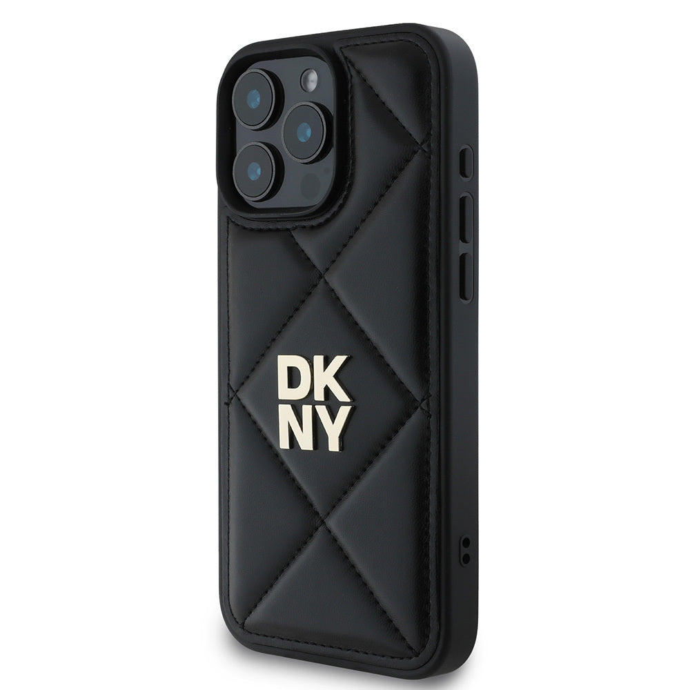 DKNY iPhone 16 Pro Orjinal Lisanslı Kapitone Tasarımlı Metal Logolu Deri Kılıf