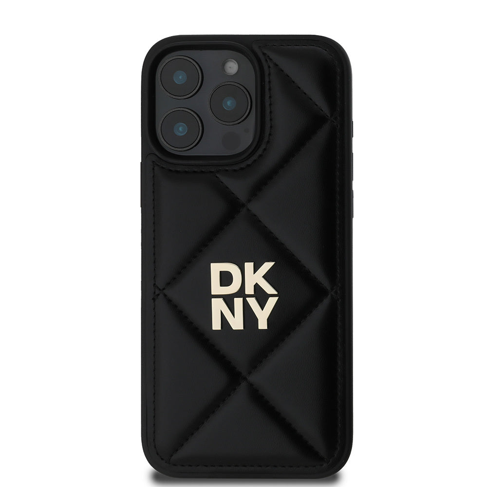 DKNY iPhone 16 Pro Orjinal Lisanslı Kapitone Tasarımlı Metal Logolu Deri Kılıf